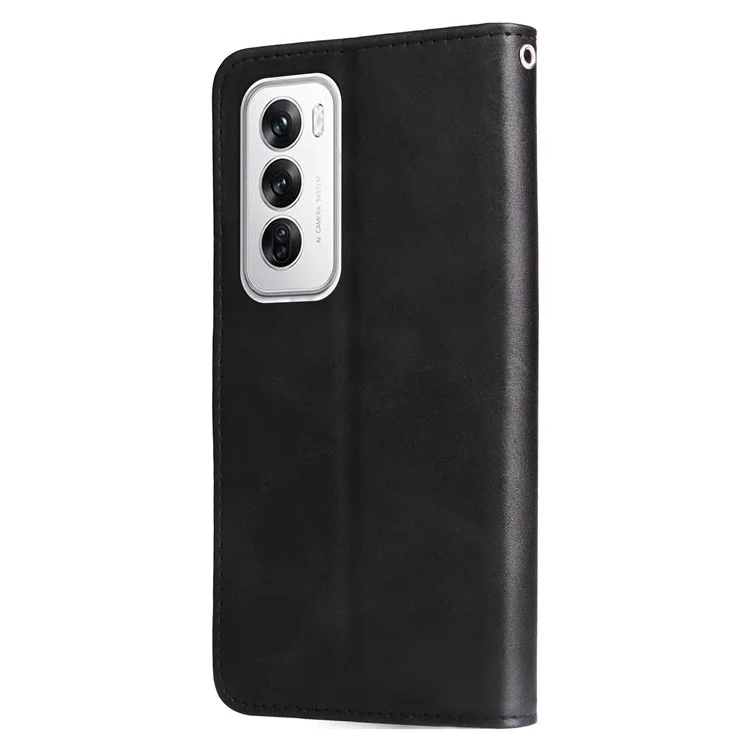 Для Oppo Reno12 5G (Global) Чехол с карманом на молнии Кожаный чехол-подставка - Черный