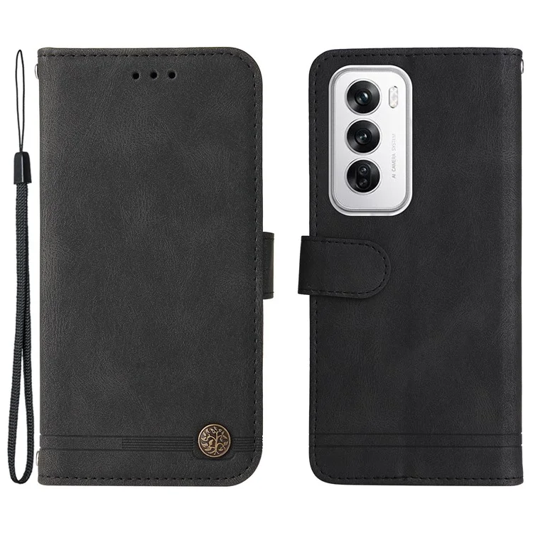 For Oppo Reno12 5G (Global) Leather Wallet Cases Skin Touch Phone Cover Stand with Strap - Black