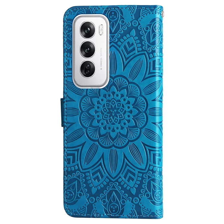 For Oppo Reno12 5G (Global) Case PU Leather Sunflower Phone Cover with Strap - Blue
