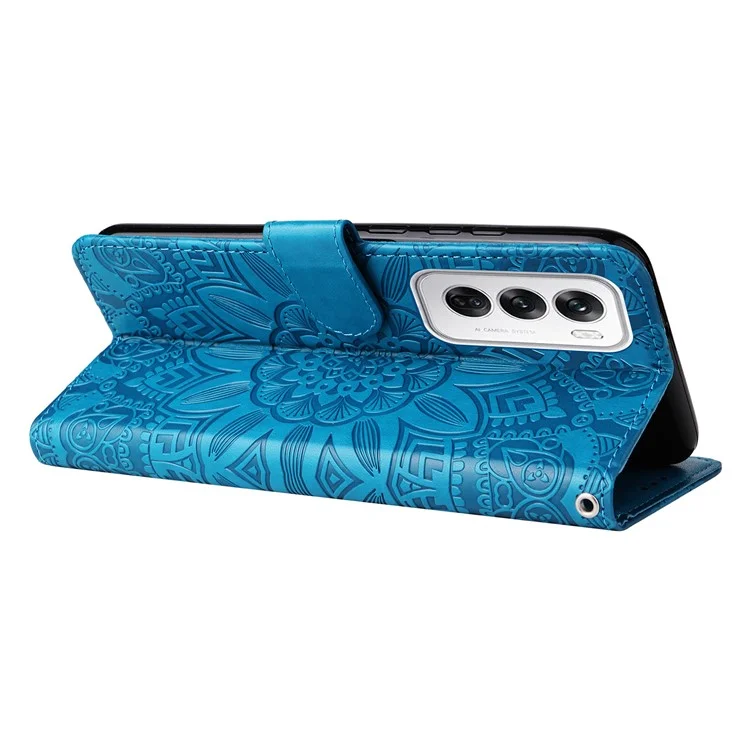 For Oppo Reno12 5G (Global) Case PU Leather Sunflower Phone Cover with Strap - Blue