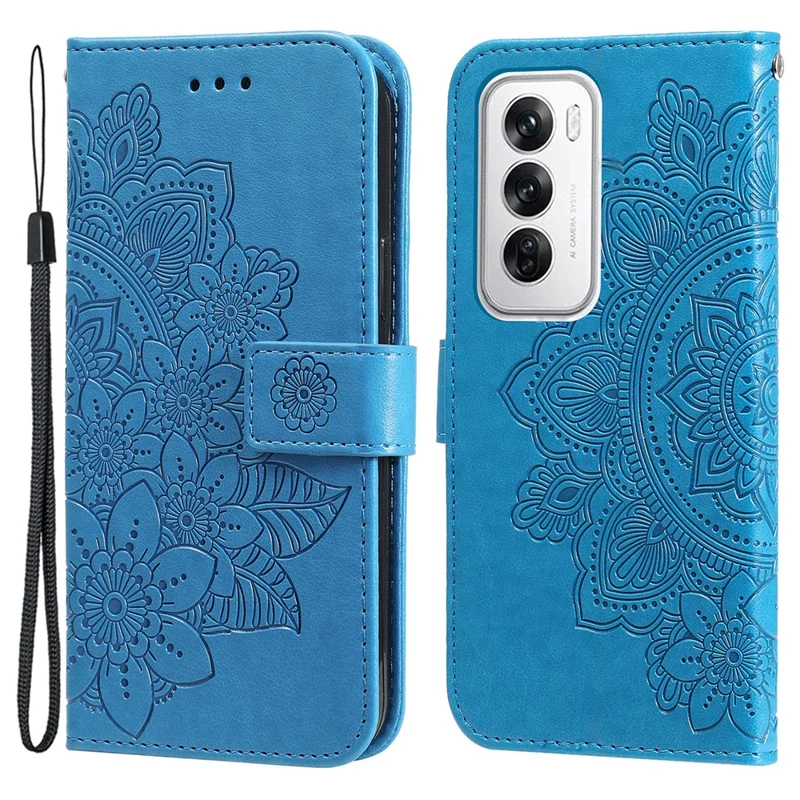For Oppo Reno12 5G (Global) Case Floral Pattern PU Leather Wallet Stand Phone Cover - Blue