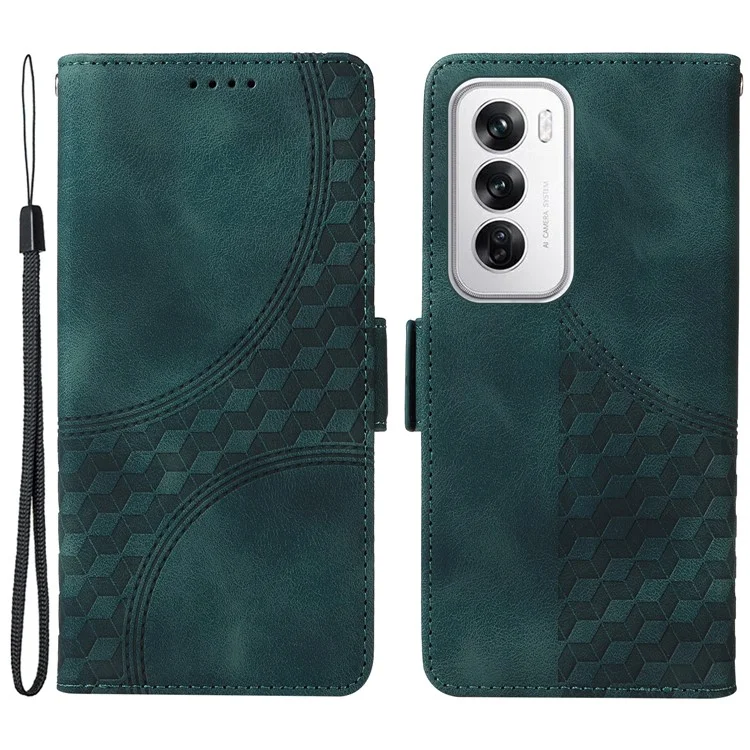 For Oppo Reno12 5G (Global) Leather Cases Wallet Rhombus Imprinted Phone Cover Stand with Strap - Green