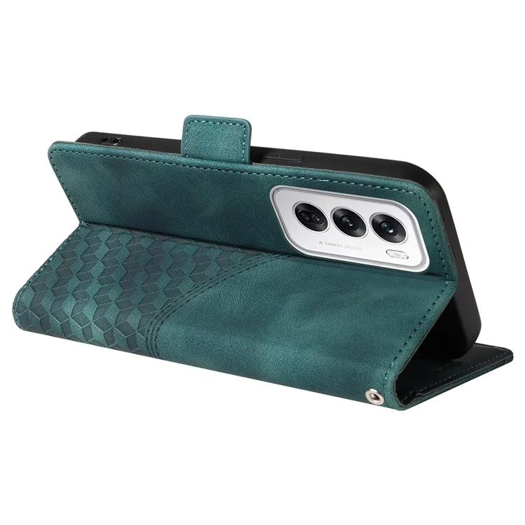 For Oppo Reno12 5G (Global) Leather Cases Wallet Rhombus Imprinted Phone Cover Stand with Strap - Green