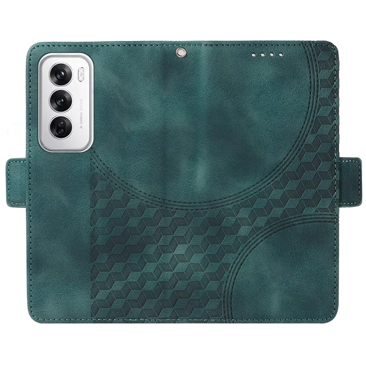 For Oppo Reno12 5G (Global) Leather Cases Wallet Rhombus Imprinted Phone Cover Stand with Strap - Green