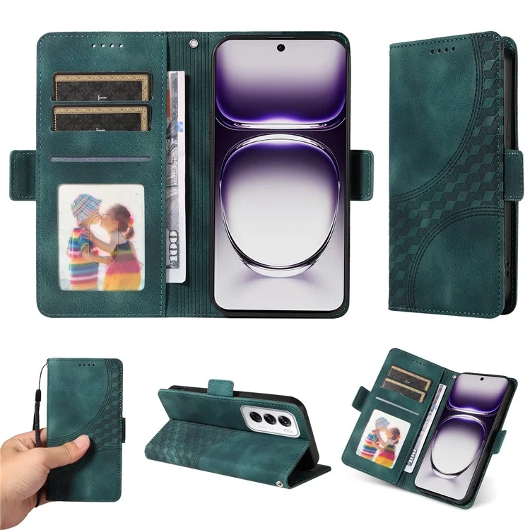 For Oppo Reno12 5G (Global) Leather Cases Wallet Rhombus Imprinted Phone Cover Stand with Strap - Green