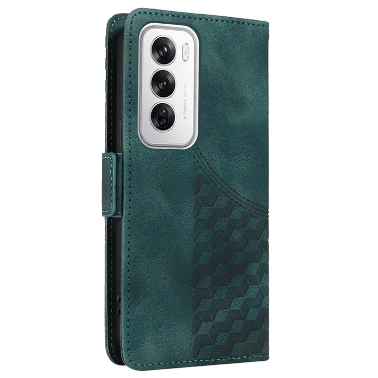 For Oppo Reno12 5G (Global) Leather Cases Wallet Rhombus Imprinted Phone Cover Stand with Strap - Green
