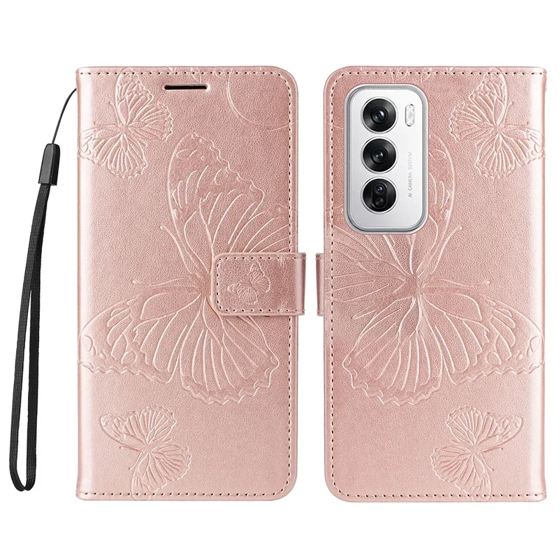 For Oppo Reno12 5G (Global) Wallet Case Floral Butterfly Imprinted Leather Phone Cover Stand - Rose Gold