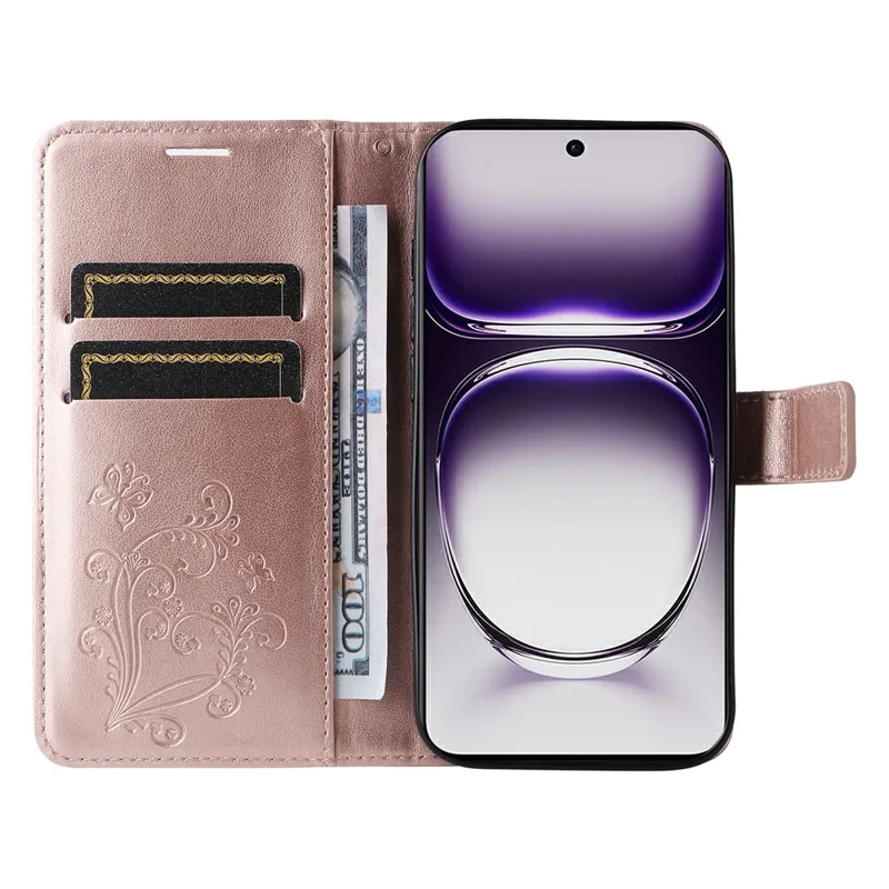 For Oppo Reno12 5G (Global) Wallet Case Floral Butterfly Imprinted Leather Phone Cover Stand - Rose Gold