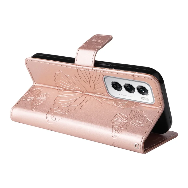 For Oppo Reno12 5G (Global) Wallet Case Floral Butterfly Imprinted Leather Phone Cover Stand - Rose Gold