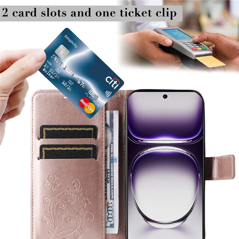 For Oppo Reno12 5G (Global) Wallet Case Floral Butterfly Imprinted Leather Phone Cover Stand - Rose Gold