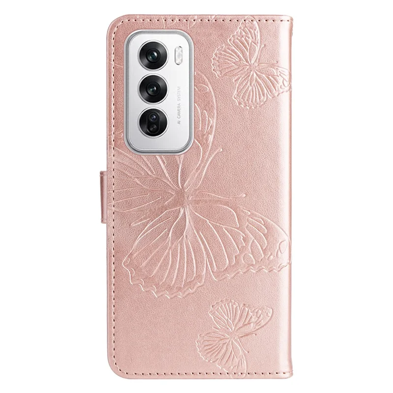 For Oppo Reno12 5G (Global) Wallet Case Floral Butterfly Imprinted Leather Phone Cover Stand - Rose Gold