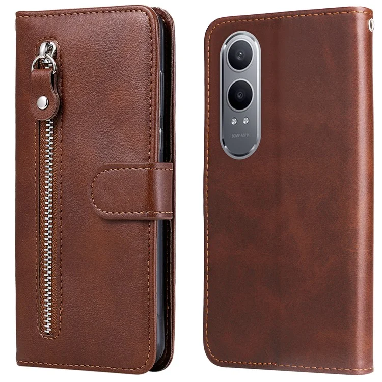 For OnePlus Nord CE4 Lite 5G / Oppo K12x 5G (China) (China) Case Zipper Pocket PU Leather Phone Cover - Brown
