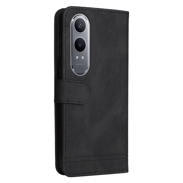 For OnePlus Nord CE4 Lite 5G / Oppo K12x 5G (China) Leather Wallet Cases Skin Touch Phone Cover Stand with Strap - Black