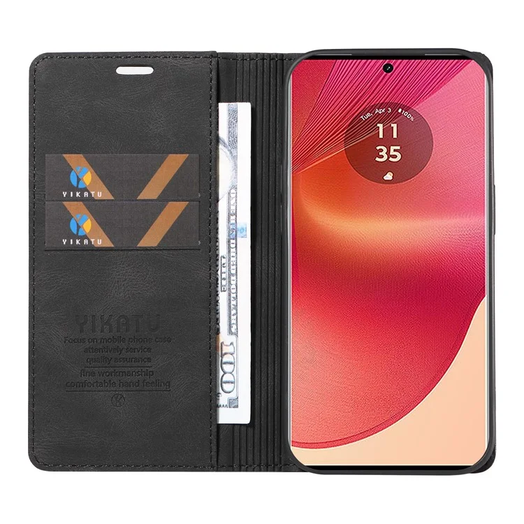 YIKATU YK-004 For Motorola Edge 50 Fusion 5G Leather Case Wallet Phone Cover Skin-Touch - Black