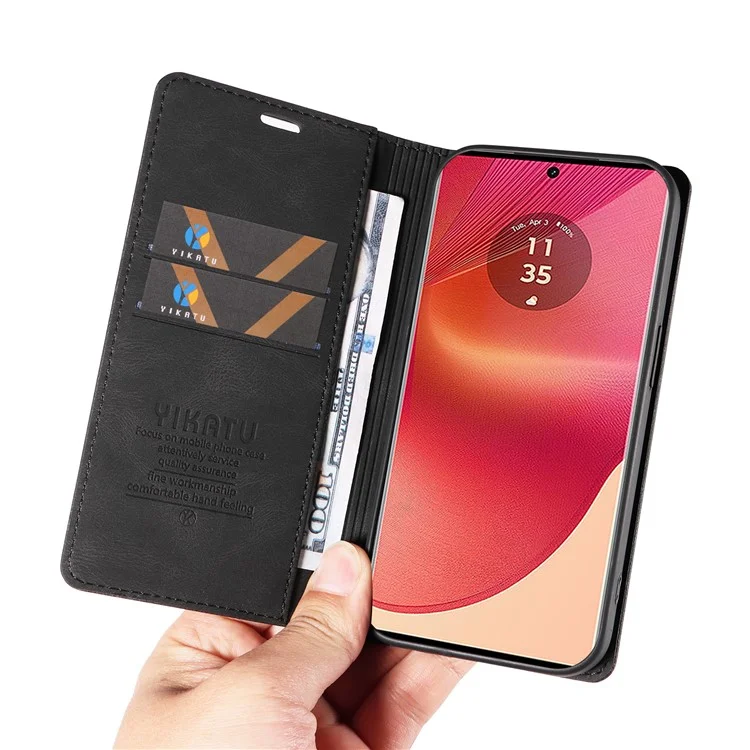 YIKATU YK-004 For Motorola Edge 50 Fusion 5G Leather Case Wallet Phone Cover Skin-Touch - Black