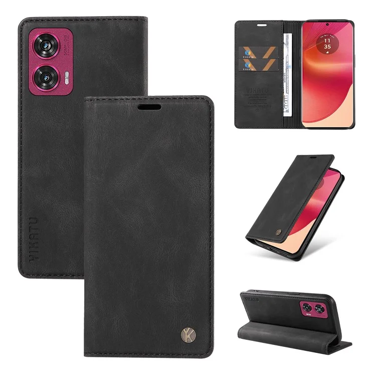 YIKATU YK-004 For Motorola Edge 50 Fusion 5G Leather Case Wallet Phone Cover Skin-Touch - Black