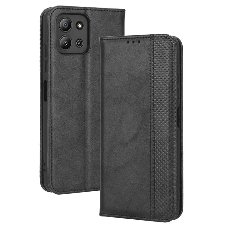 Para Infinix Hot 11 4G 2022 X675 Retro Textura PU Cubierta de Cuero Imprimida Mosaic Stand Hidden Adsorción Magnética Flip Willet Case - Negro