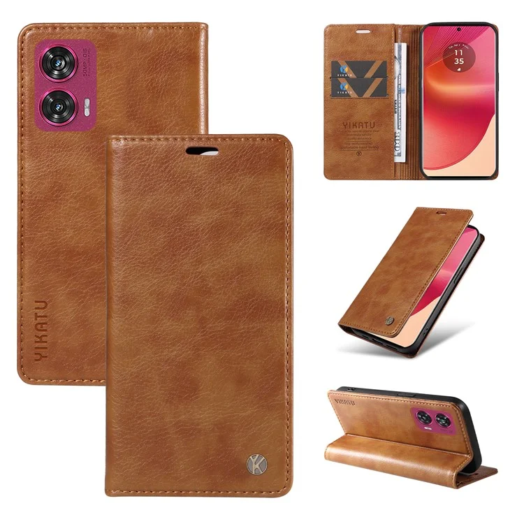 YIKATU YK-006 For Motorola Edge 50 Fusion 5G Case Litchi Texture Leather Wallet Phone Cover - Brown