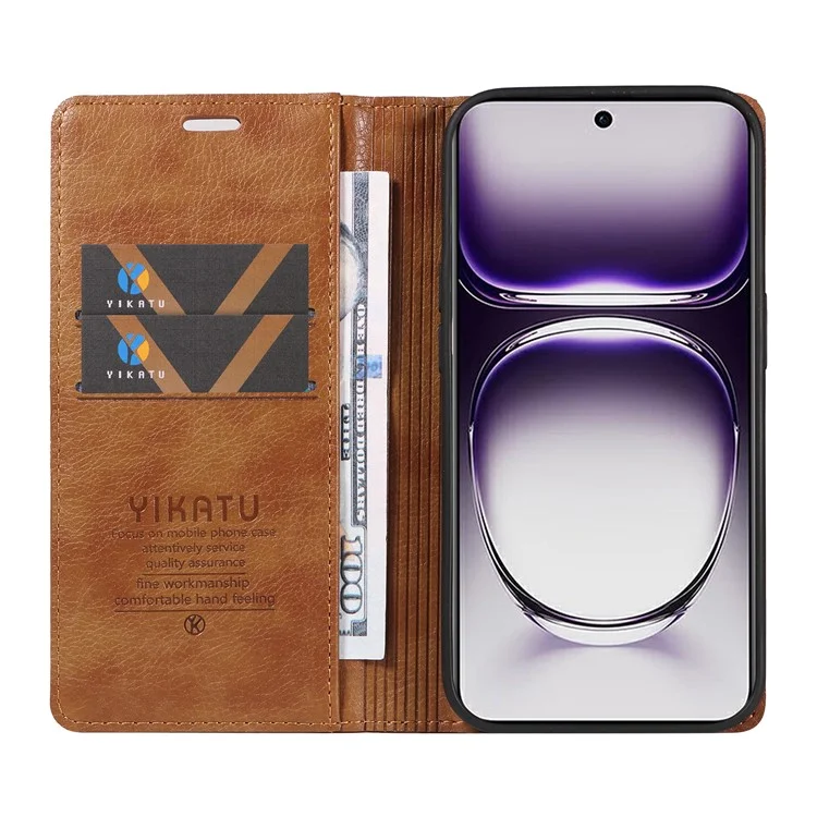 YIKATU YK-006 For Oppo Reno12 5G (Global) Wallet Case Litchi Texture Leather Phone Cover - Brown