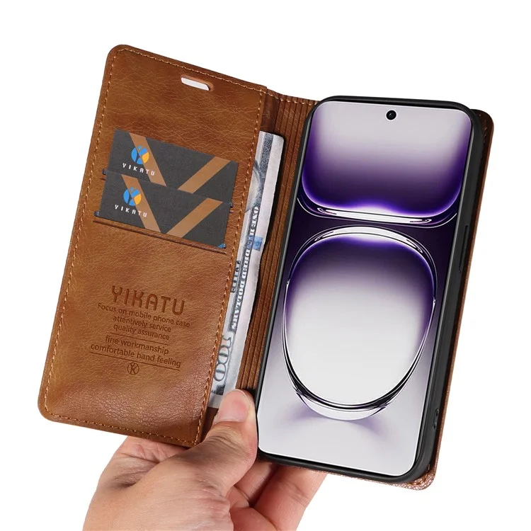 YIKATU YK-006 For Oppo Reno12 5G (Global) Wallet Case Litchi Texture Leather Phone Cover - Brown