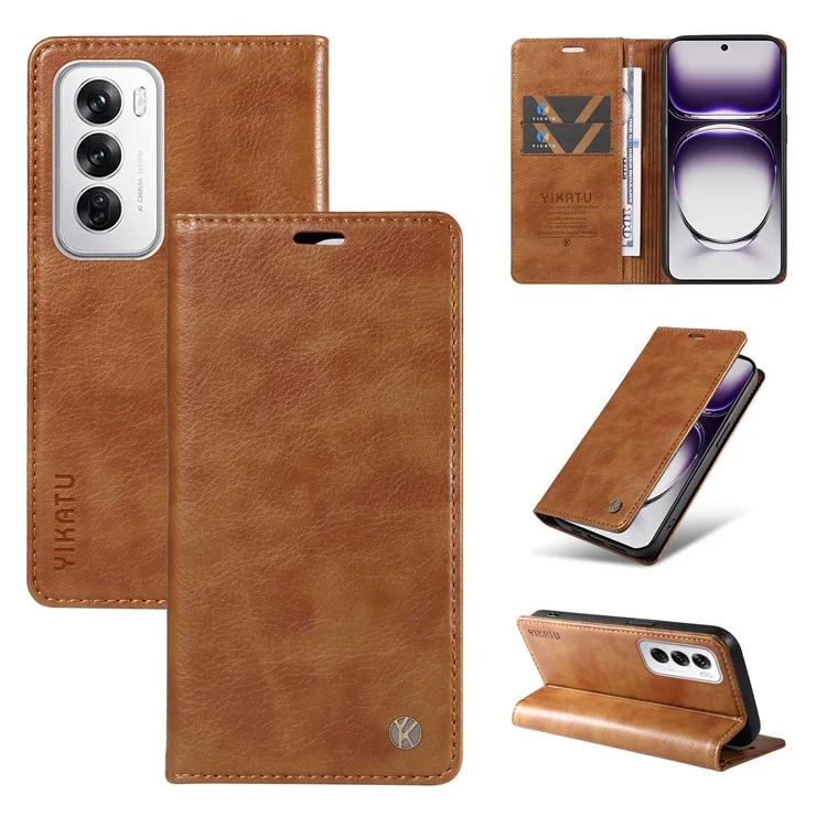 YIKATU YK-006 For Oppo Reno12 5G (Global) Wallet Case Litchi Texture Leather Phone Cover - Brown