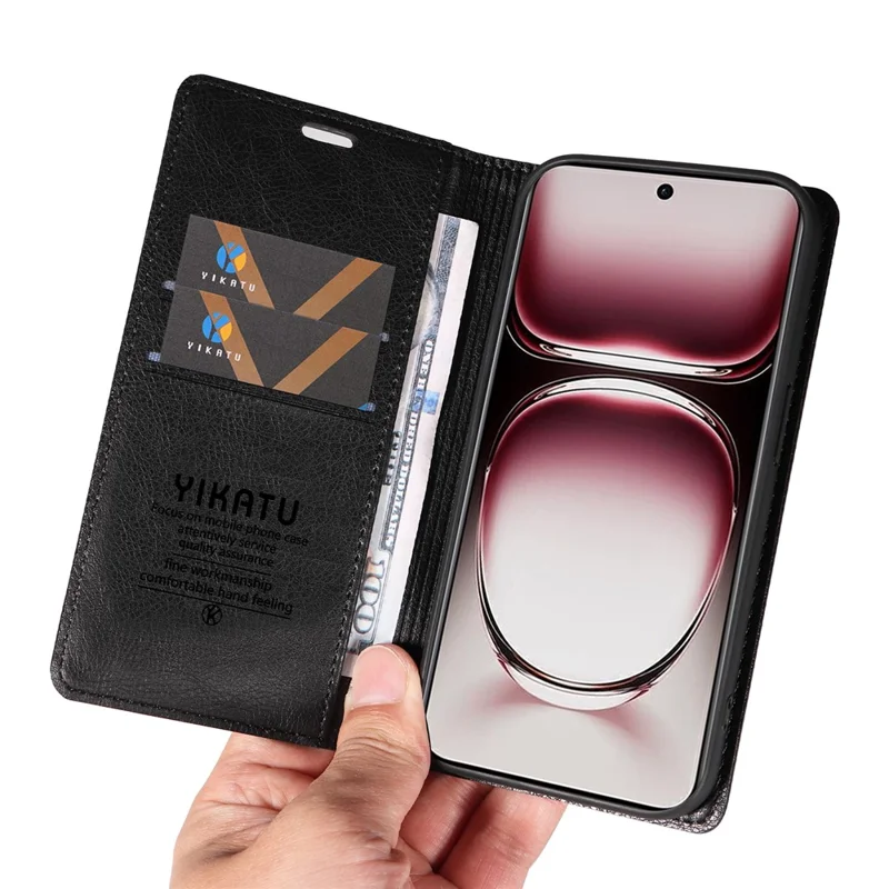 YIKATU YK-006 For Oppo Reno12 Pro 5G (Global) / (China) Wallet Phone Case Litchi Texture Leather Cover - Black