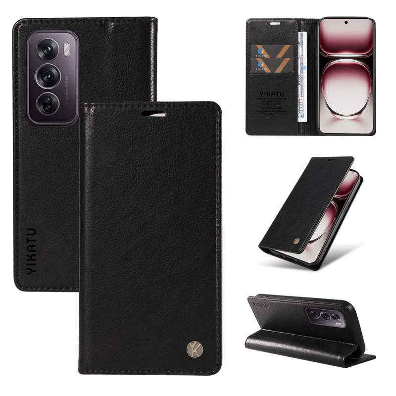 YIKATU YK-006 For Oppo Reno12 Pro 5G (Global) / (China) Wallet Phone Case Litchi Texture Leather Cover - Black