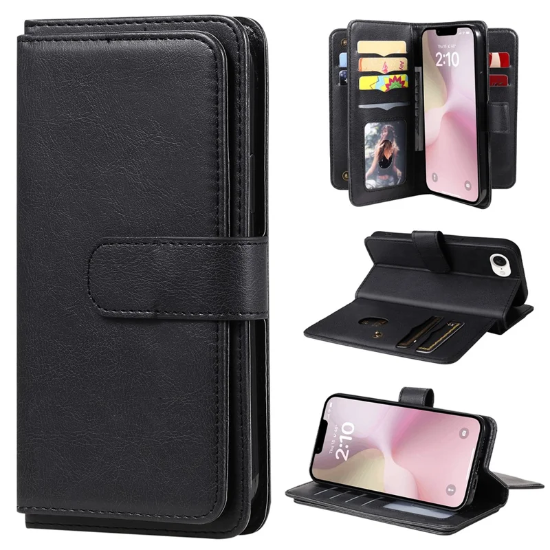 For iPhone 17e / 16e Leather Case with 10 Card Holder Phone Cover Stand - Black