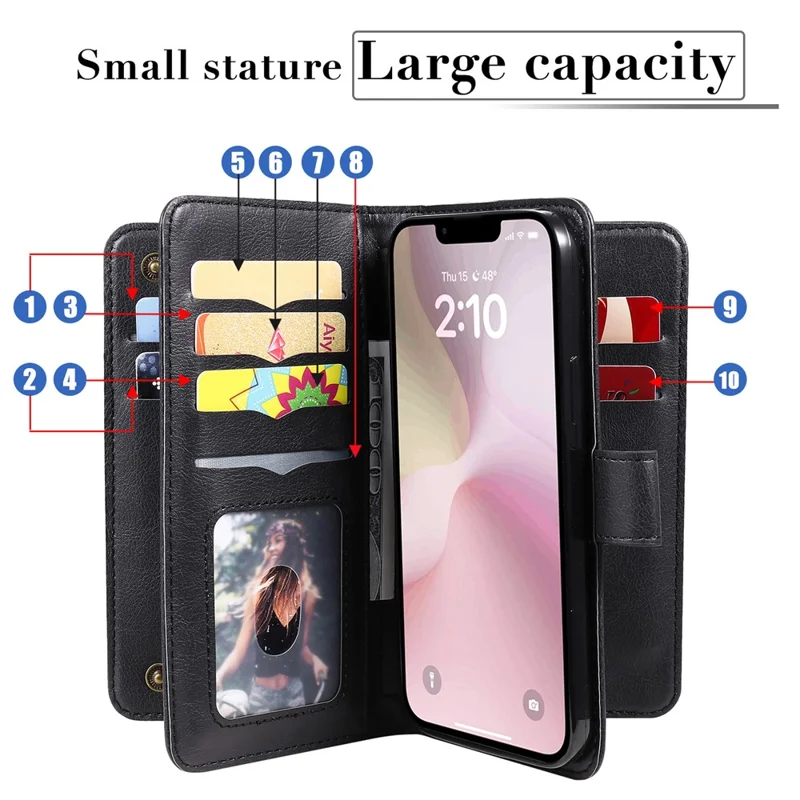 For iPhone 17e / 16e Leather Case with 10 Card Holder Phone Cover Stand - Black