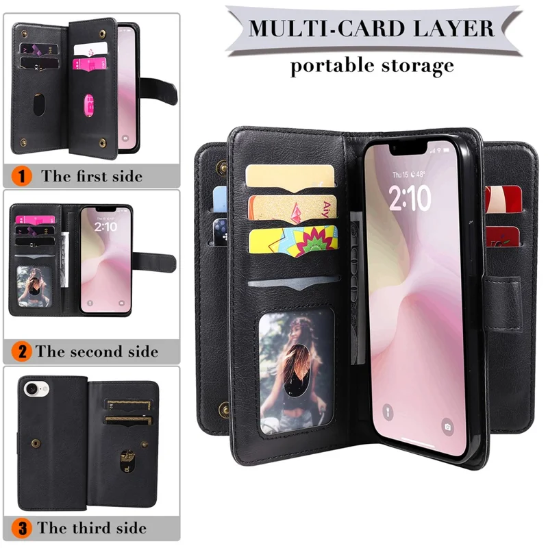 For iPhone 17e / 16e Leather Case with 10 Card Holder Phone Cover Stand - Black
