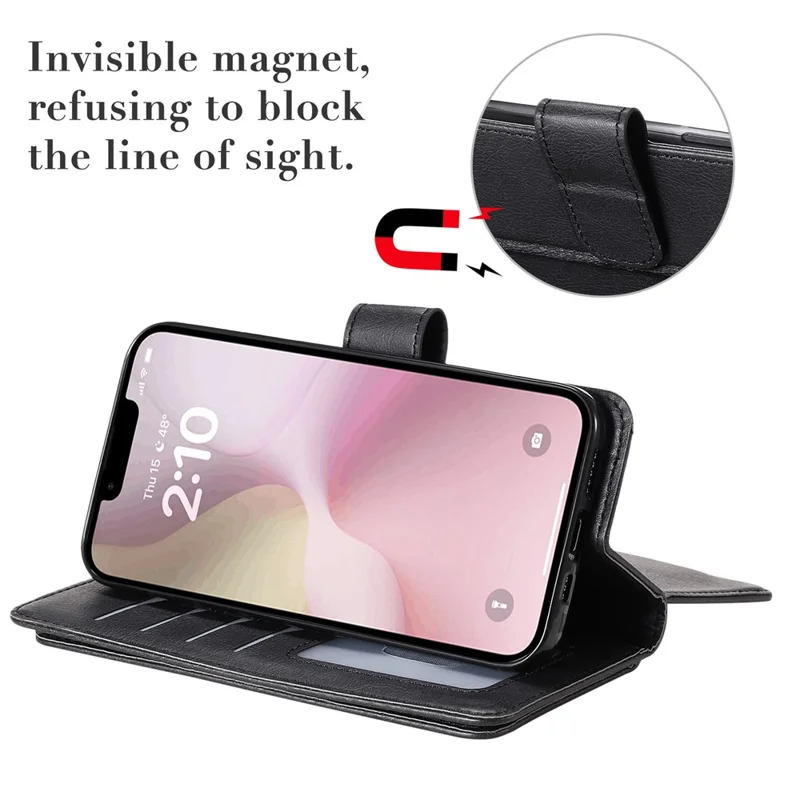 For iPhone 17e / 16e Leather Case with 10 Card Holder Phone Cover Stand - Black