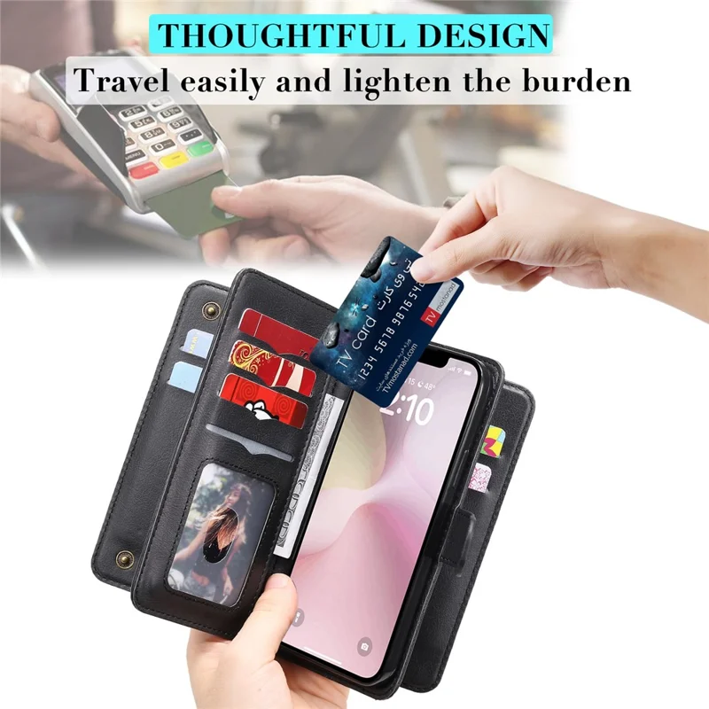 For iPhone 17e / 16e Leather Case with 10 Card Holder Phone Cover Stand - Black