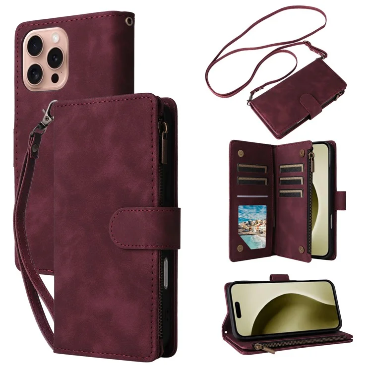 For iPhone 16 Pro Case Zipper Pocket PU Leather Wallet Phone Stand Cover with Strap - Wine Red