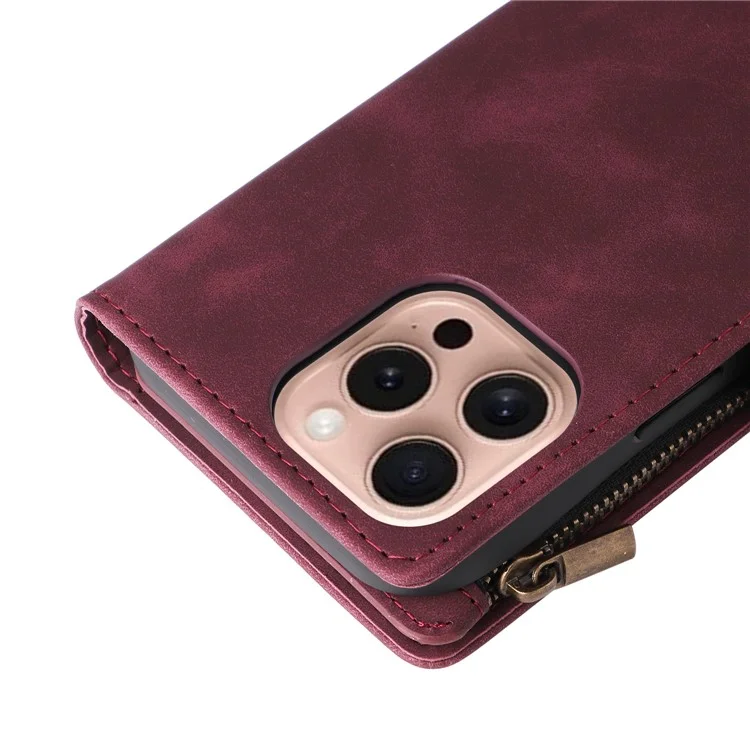 For iPhone 16 Pro Case Zipper Pocket PU Leather Wallet Phone Stand Cover with Strap - Wine Red