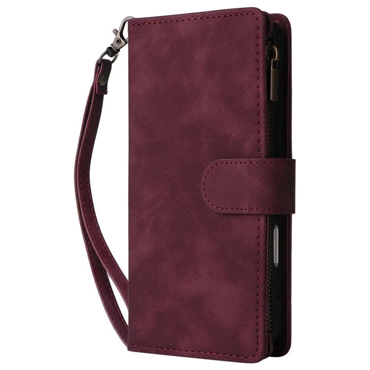 For iPhone 16 Pro Case Zipper Pocket PU Leather Wallet Phone Stand Cover with Strap - Wine Red