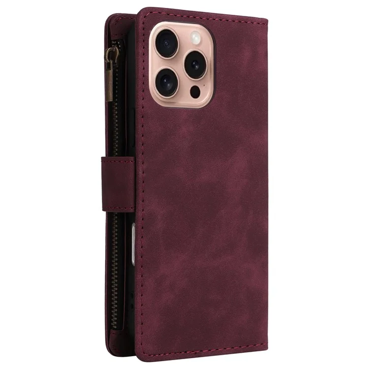 For iPhone 16 Pro Case Zipper Pocket PU Leather Wallet Phone Stand Cover with Strap - Wine Red
