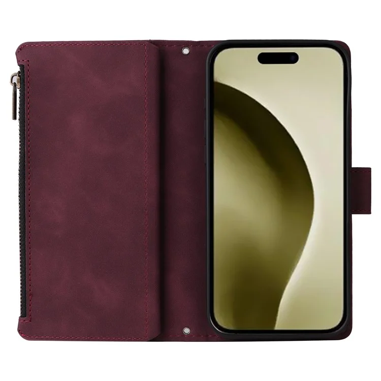 For iPhone 16 Pro Case Zipper Pocket PU Leather Wallet Phone Stand Cover with Strap - Wine Red