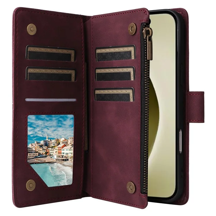 For iPhone 16 Pro Case Zipper Pocket PU Leather Wallet Phone Stand Cover with Strap - Wine Red
