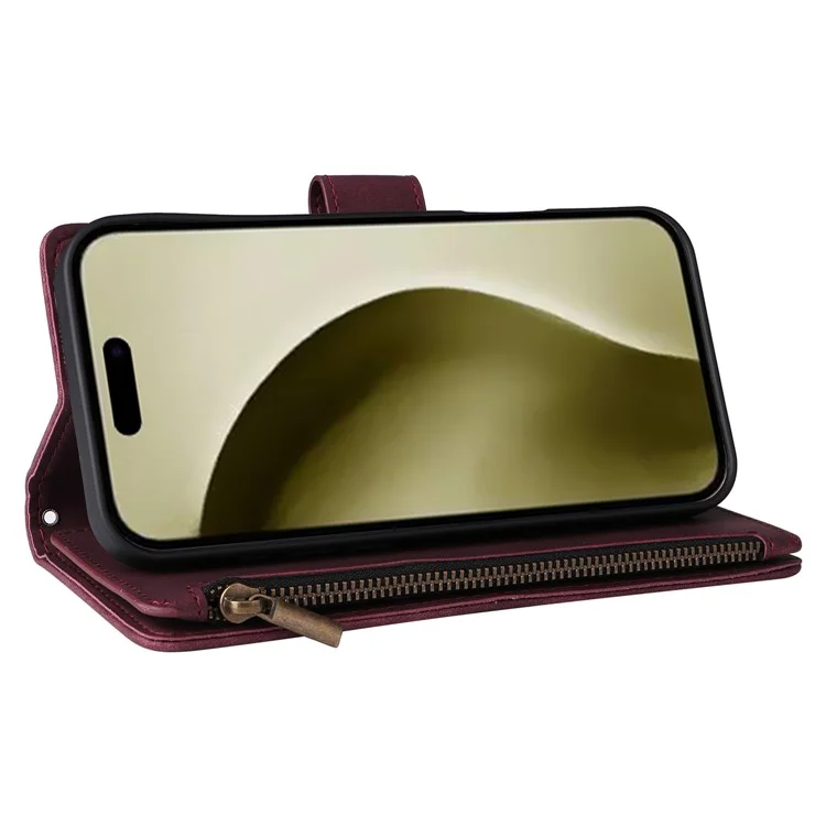 For iPhone 16 Pro Case Zipper Pocket PU Leather Wallet Phone Stand Cover with Strap - Wine Red
