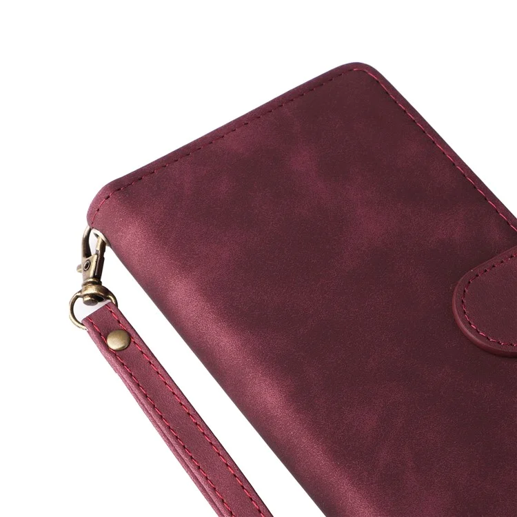 For iPhone 16 Pro Case Zipper Pocket PU Leather Wallet Phone Stand Cover with Strap - Wine Red