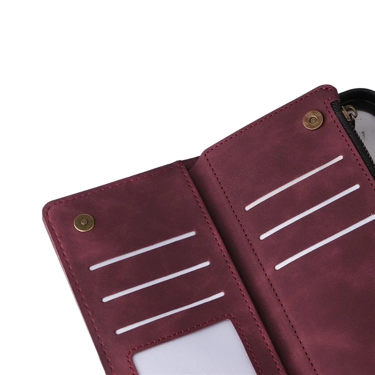 For iPhone 16 Pro Case Zipper Pocket PU Leather Wallet Phone Stand Cover with Strap - Wine Red