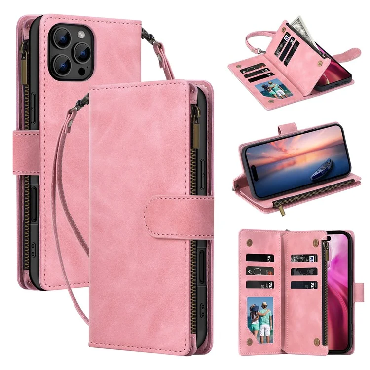 For iPhone 16 Pro Max Wallet Phone Stand Case Zipper Pocket PU Leather Phone Shell with Strap - Pink