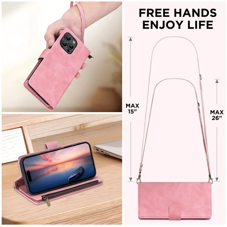 For iPhone 16 Pro Max Wallet Phone Stand Case Zipper Pocket PU Leather Phone Shell with Strap - Pink