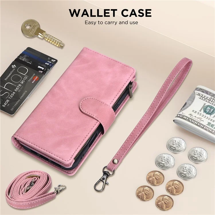 For iPhone 16 Pro Max Wallet Phone Stand Case Zipper Pocket PU Leather Phone Shell with Strap - Pink