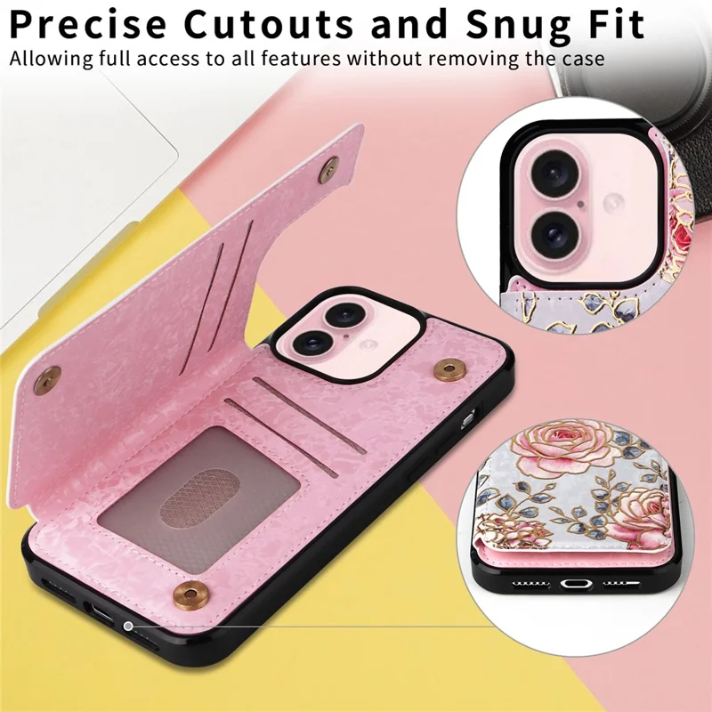 For iPhone 16 Case Flower Leather+TPU Phone Cover RFID Blocking Card Slots - Rose