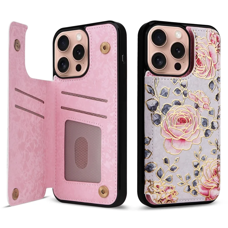 Для iPhone 16 Pro Case Flower Leather+TPU RFID Blocking Card Slots Phone Cover - Rose