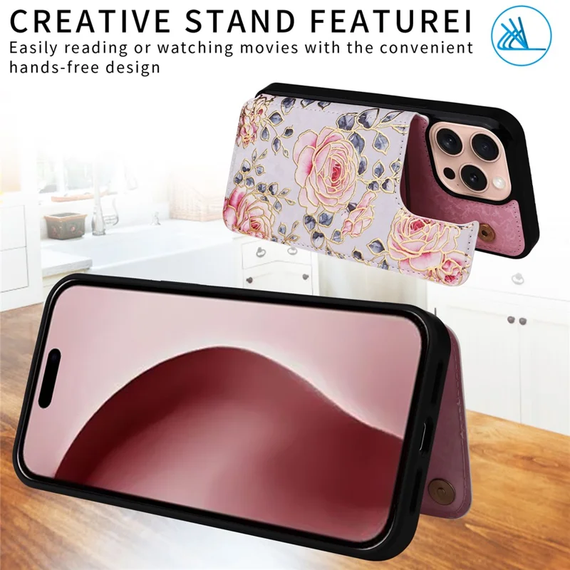 Для iPhone 16 Pro Case Flower Leather+TPU RFID Blocking Card Slots Phone Cover - Rose
