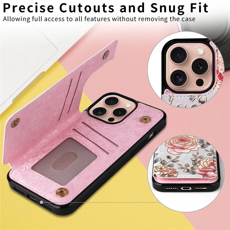 Для iPhone 16 Pro Case Flower Leather+TPU RFID Blocking Card Slots Phone Cover - Rose