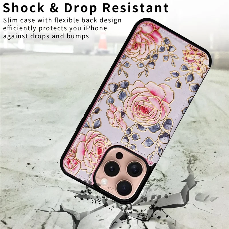 Для iPhone 16 Pro Case Flower Leather+TPU RFID Blocking Card Slots Phone Cover - Rose