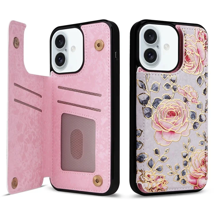 Per iPhone 16 Plus Card Slots Case Flower Leather+TPU Phone Cover RFID Blocking - Rose